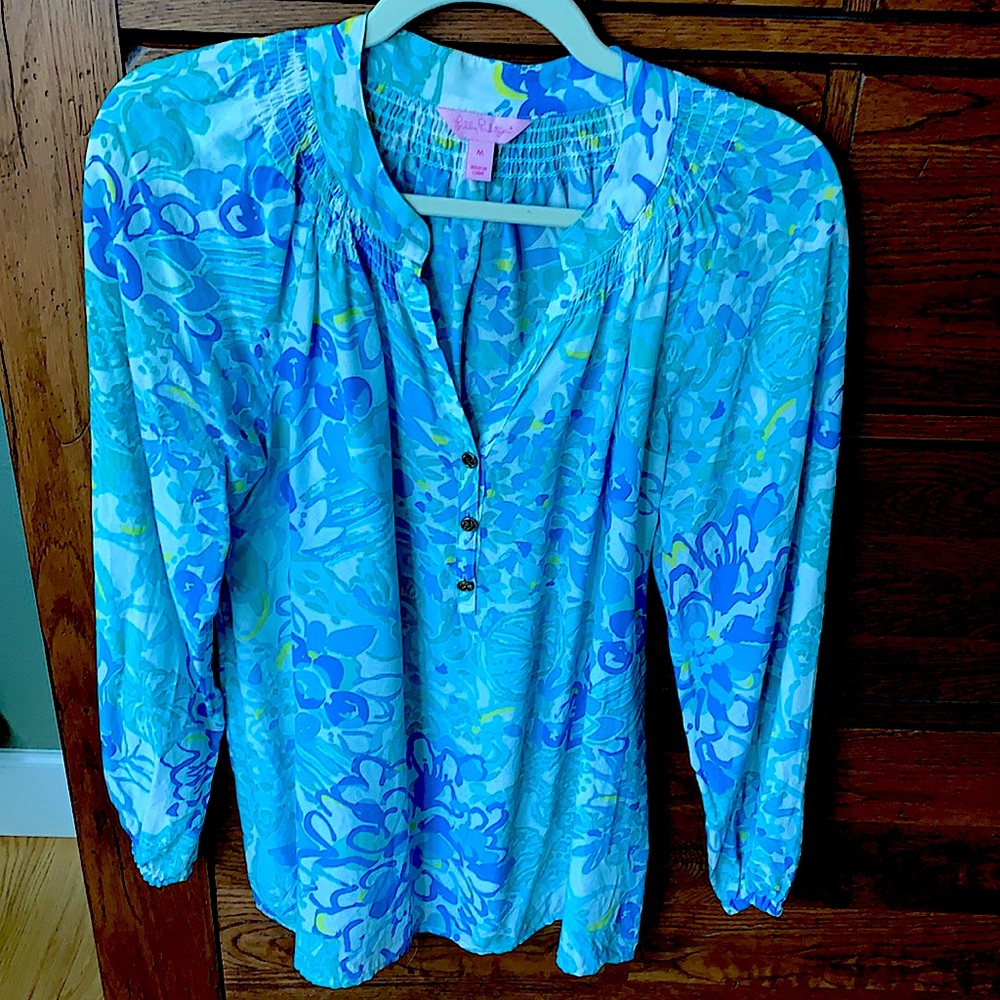 Lilly Pulitzer Aqua and Blue Floral Blouse